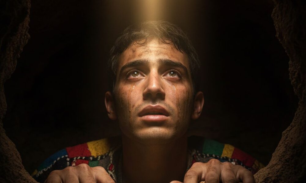 Capturing Joseph's moment of affliction in the dark pit, his face lifted toward heaven's light.Featured Image Description: Vintage expensive large format camera photograph from biblical times showing extreme close-up of young Joseph's tear-streaked face in the dark pit. His hands grip the dirt walls as a single beam of heavenly light illuminates his upward-looking eyes. Dirt marks his face, remnants of his coat of many colours visible at his shoulder. The image captures anguished trust and suffering faith with authentic period photographic quality, dramatic chiaroscuro lighting, and deep shadows. Pure visual storytelling with no text.Featured Image Title: Joseph in the Pit - Vintage Biblical Affliction Photograph