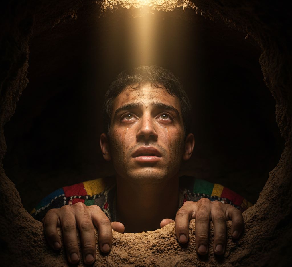 Capturing Joseph's moment of affliction in the dark pit, his face lifted toward heaven's light.Featured Image Description: Vintage expensive large format camera photograph from biblical times showing extreme close-up of young Joseph's tear-streaked face in the dark pit. His hands grip the dirt walls as a single beam of heavenly light illuminates his upward-looking eyes. Dirt marks his face, remnants of his coat of many colours visible at his shoulder. The image captures anguished trust and suffering faith with authentic period photographic quality, dramatic chiaroscuro lighting, and deep shadows. Pure visual storytelling with no text.Featured Image Title: Joseph in the Pit - Vintage Biblical Affliction Photograph