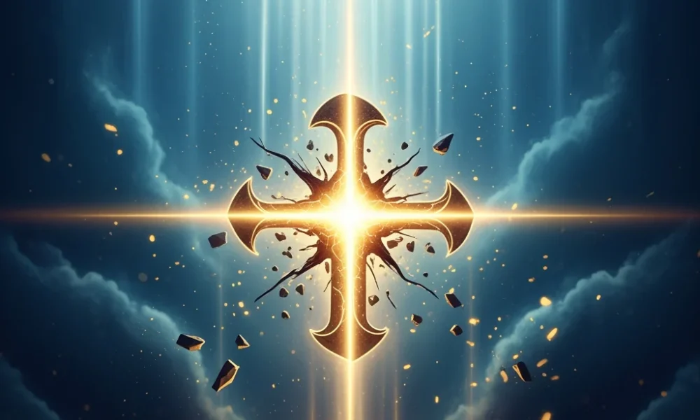 Luminous celestial warriors descending from a turbulent sky to force apart a circle of shadow figures, showing how Angels Scatter Gatherings of darkness.