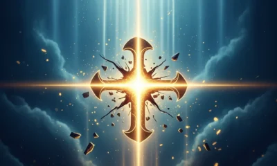 Luminous celestial warriors descending from a turbulent sky to force apart a circle of shadow figures, showing how Angels Scatter Gatherings of darkness.