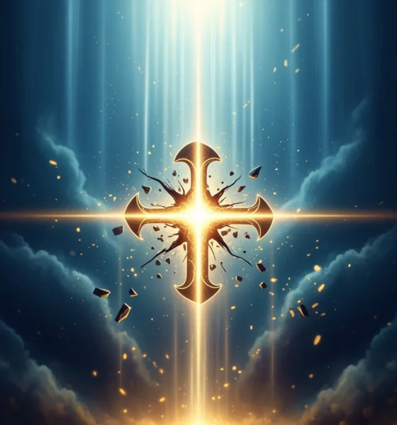 Luminous celestial warriors descending from a turbulent sky to force apart a circle of shadow figures, showing how Angels Scatter Gatherings of darkness.