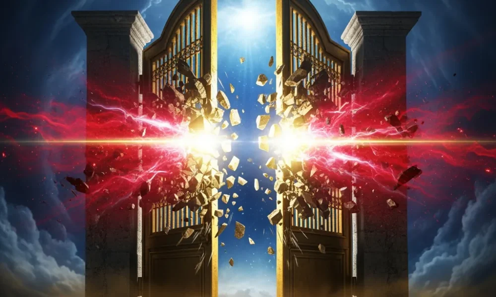 Giant antique Gates of Brass exploding outward into jagged shards under the force of a blinding celestial shockwave revealing glowing caches of ancient gold.