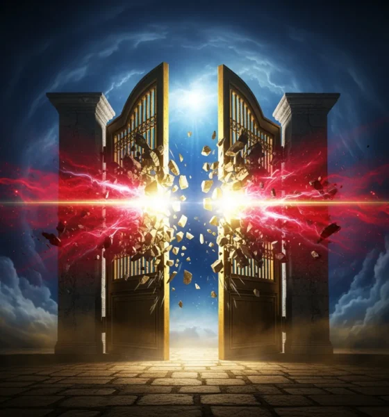 Giant antique Gates of Brass exploding outward into jagged shards under the force of a blinding celestial shockwave revealing glowing caches of ancient gold.