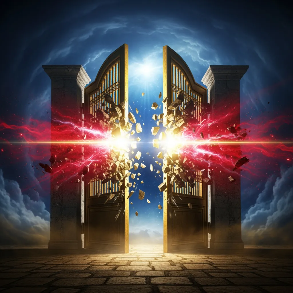 Giant antique Gates of Brass exploding outward into jagged shards under the force of a blinding celestial shockwave revealing glowing caches of ancient gold.