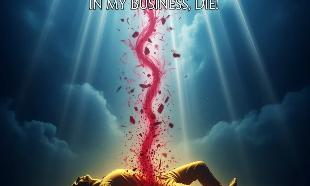 Shriveled black Seed of Failure disintegrating under scorching celestial fire within professional office soil.