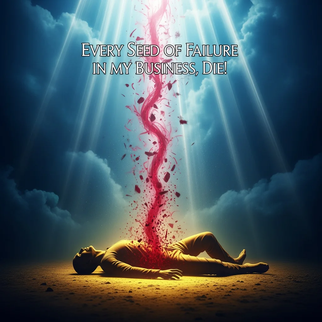 Shriveled black Seed of Failure disintegrating under scorching celestial fire within professional office soil.