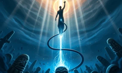 A sharp, glowing blade of white light severing a thick, pulsating ethereal cord that connects a person's midsection to weathered stone Village Idols beneath a gnarled banyan tree.