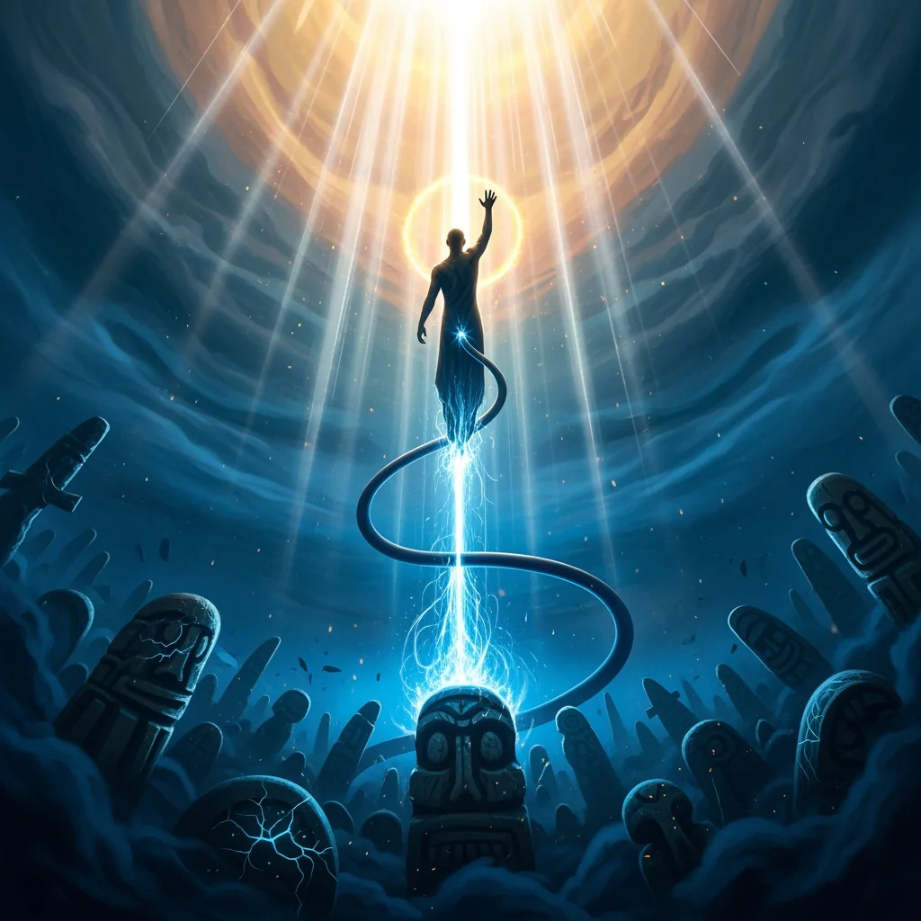 A sharp, glowing blade of white light severing a thick, pulsating ethereal cord that connects a person's midsection to weathered stone Village Idols beneath a gnarled banyan tree.