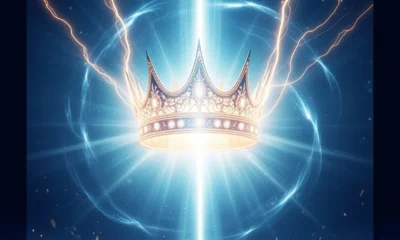 Luminous jeweled crown descending upon a vast golden harvest field at sunrise representing a Year with Goodness and divine favor.