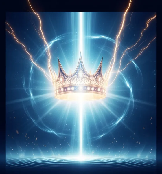 Luminous jeweled crown descending upon a vast golden harvest field at sunrise representing a Year with Goodness and divine favor.