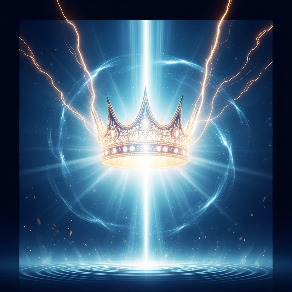 Luminous jeweled crown descending upon a vast golden harvest field at sunrise representing a Year with Goodness and divine favor.