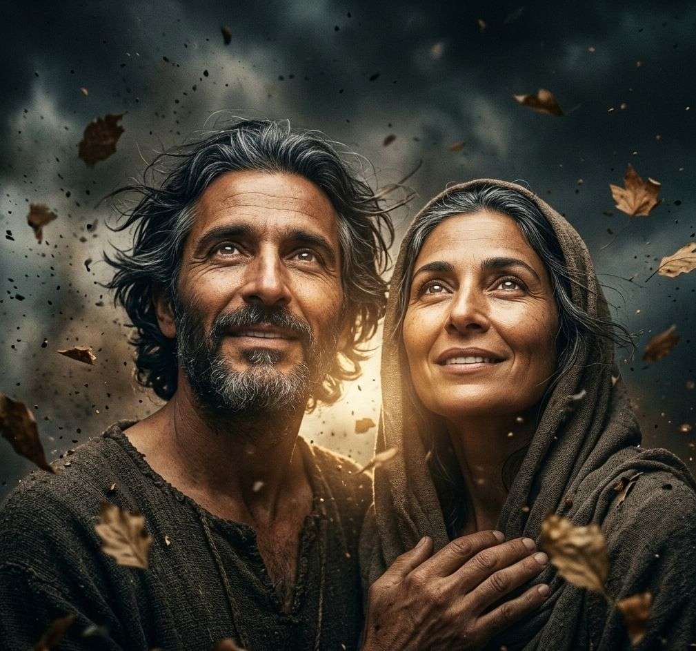 Close-up of a man and woman with ancient Middle Eastern features standing together in a storm with calm, joyful expressions while golden light glows around themFeatured Image Description:
Modern cinematic spiritual photograph featuring a man and a woman with ancient Middle Eastern features. The composition is an extreme close-up optimized for mobile, showing their faces side-by-side. They are surrounded by a chaotic, dark storm with swirling dust and wind-blown leaves, yet their expressions are remarkably calm and filled with an inner, radiant joy. A soft, golden divine light emanates from within them, illuminating their faces and contrasting against the deep, moody shadows of the environment. Their eyes are bright with hope, looking upward. This visual tension captures the essence of finding supernatural peace in the midst of diverse and pressing temptations.Featured Image Title:
counting-it-all-joy-amidst-trials-2026.jpg