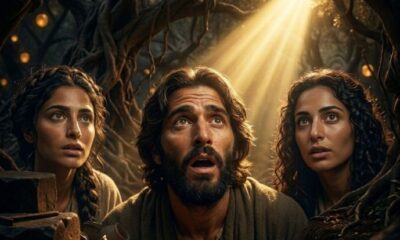 A man and two women with ancient features looking upward in shock as a divine beam of light hits the ground to reveal broken pottery and hidden itemsFeatured Image Description:
Modern cinematic spiritual photograph showing three individuals—one man and two women—with ancient Middle Eastern features. They are positioned in a close-up shot, their faces filled with wonder and fear as a powerful, golden heavenly light pierces the dark canopy of an ancient forest. The light hits the earth to reveal broken clay jars and hidden stones, exposing what was buried. The composition is tight for mobile screens, focusing on the emotional weight of discovery. Deep shadows contrast with the radiant divine glow, creating a fatalistic yet humorous realization that the night has ended.Featured Image Title:
divine-exposure-hidden-works-revealed-2026.jpg