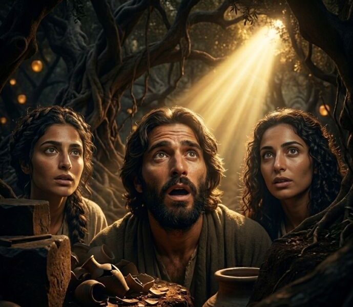 A man and two women with ancient features looking upward in shock as a divine beam of light hits the ground to reveal broken pottery and hidden itemsFeatured Image Description:
Modern cinematic spiritual photograph showing three individuals—one man and two women—with ancient Middle Eastern features. They are positioned in a close-up shot, their faces filled with wonder and fear as a powerful, golden heavenly light pierces the dark canopy of an ancient forest. The light hits the earth to reveal broken clay jars and hidden stones, exposing what was buried. The composition is tight for mobile screens, focusing on the emotional weight of discovery. Deep shadows contrast with the radiant divine glow, creating a fatalistic yet humorous realization that the night has ended.Featured Image Title:
divine-exposure-hidden-works-revealed-2026.jpg