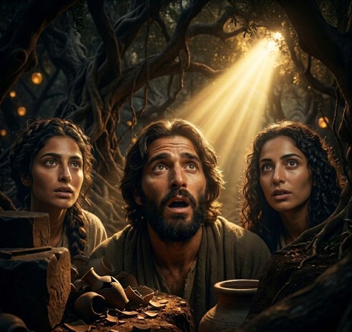 A man and two women with ancient features looking upward in shock as a divine beam of light hits the ground to reveal broken pottery and hidden itemsFeatured Image Description:
Modern cinematic spiritual photograph showing three individuals—one man and two women—with ancient Middle Eastern features. They are positioned in a close-up shot, their faces filled with wonder and fear as a powerful, golden heavenly light pierces the dark canopy of an ancient forest. The light hits the earth to reveal broken clay jars and hidden stones, exposing what was buried. The composition is tight for mobile screens, focusing on the emotional weight of discovery. Deep shadows contrast with the radiant divine glow, creating a fatalistic yet humorous realization that the night has ended.Featured Image Title:
divine-exposure-hidden-works-revealed-2026.jpg