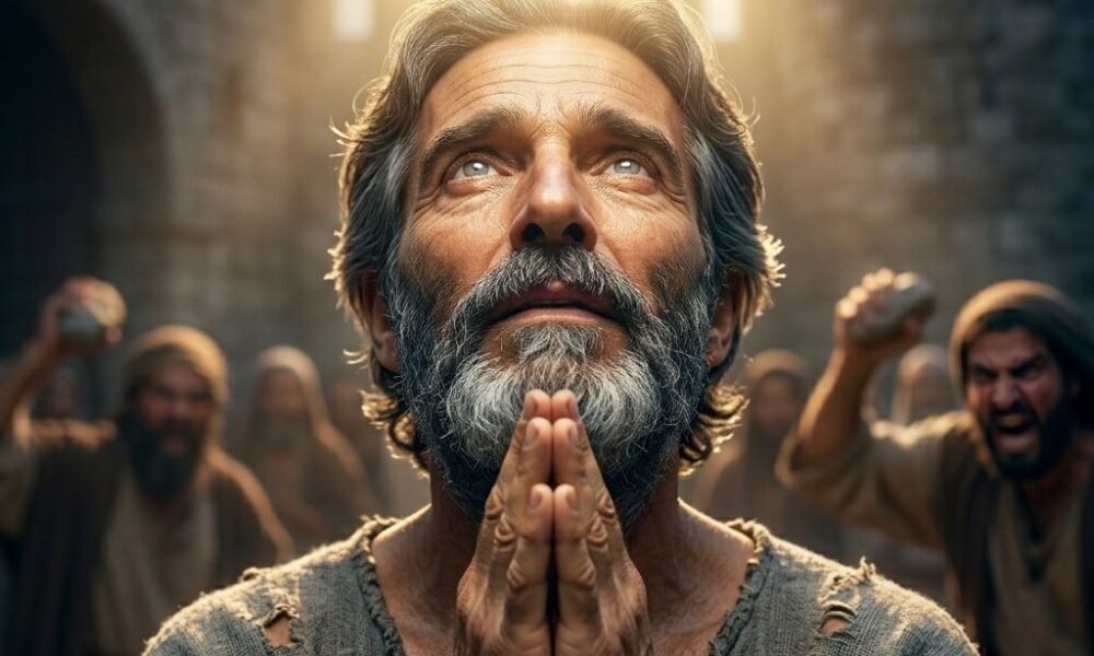 A kneeling man with ancient features looking upward with a radiant face as a heavenly light shines on him while a blurred crowd holds stones in the backgroundFeatured Image Description:
Modern cinematic spiritual photograph of Stephen, a man with ancient Middle Eastern features and a graying beard, kneeling in the middle of a dusty courtyard. The shot is a tight close-up focused on his face and clasped hands. He is looking upward with a serene, angelic glow on his face, eyes filled with the reflection of a massive opening in the sky. Above him, a brilliant, soft golden light reveals a divine figure standing by a throne. In the background, a blurred crowd of men in ancient robes holds stones, their faces contorted in anger, but the focus remains entirely on Stephen's peace. The composition is optimized for mobile screens, emphasizing the contrast between the earth-bound violence and the heavenly peace.Featured Image Title:
stephen-sees-heaven-opened-2026.jpg