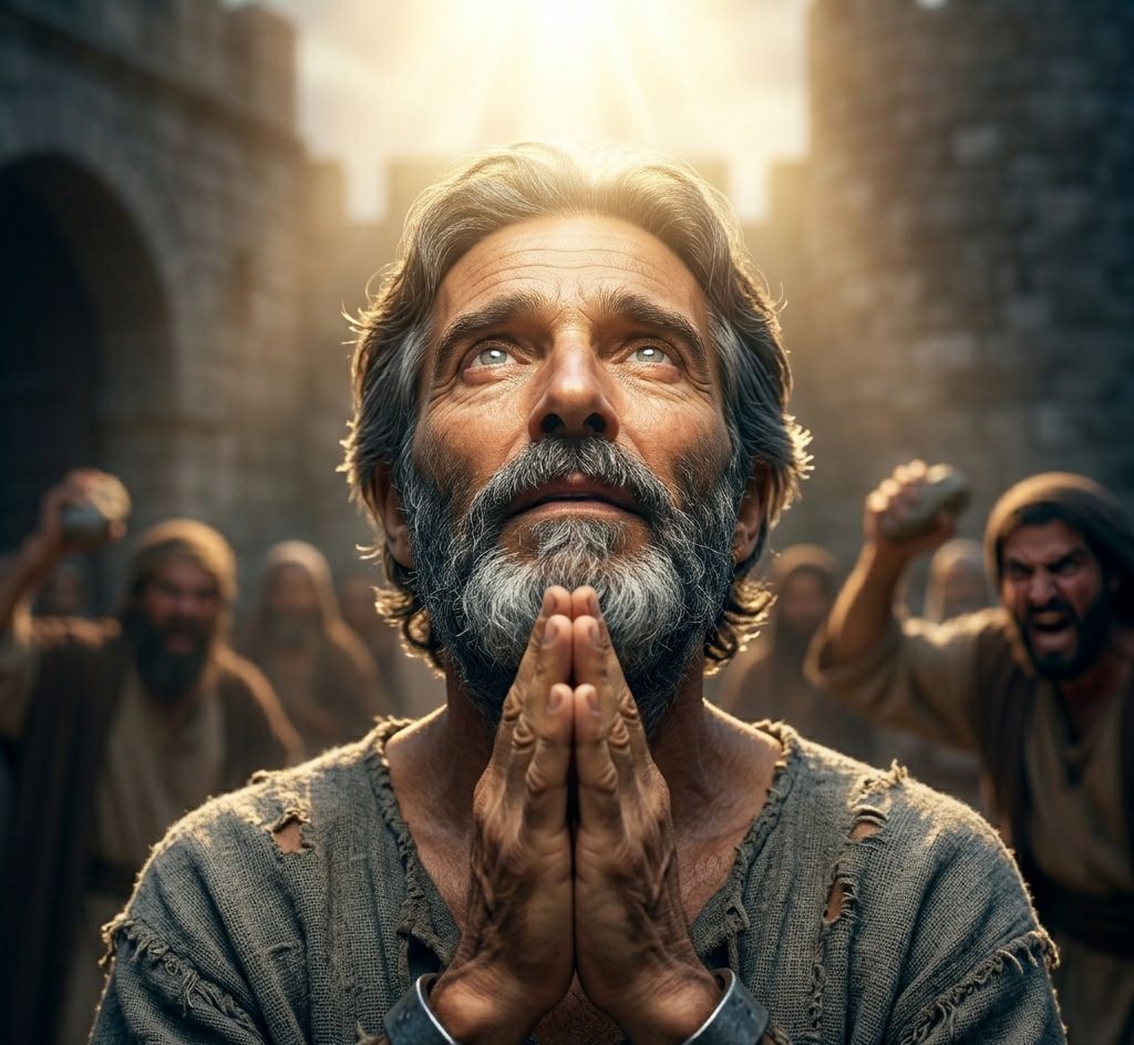 A kneeling man with ancient features looking upward with a radiant face as a heavenly light shines on him while a blurred crowd holds stones in the backgroundFeatured Image Description:
Modern cinematic spiritual photograph of Stephen, a man with ancient Middle Eastern features and a graying beard, kneeling in the middle of a dusty courtyard. The shot is a tight close-up focused on his face and clasped hands. He is looking upward with a serene, angelic glow on his face, eyes filled with the reflection of a massive opening in the sky. Above him, a brilliant, soft golden light reveals a divine figure standing by a throne. In the background, a blurred crowd of men in ancient robes holds stones, their faces contorted in anger, but the focus remains entirely on Stephen's peace. The composition is optimized for mobile screens, emphasizing the contrast between the earth-bound violence and the heavenly peace.Featured Image Title:
stephen-sees-heaven-opened-2026.jpg