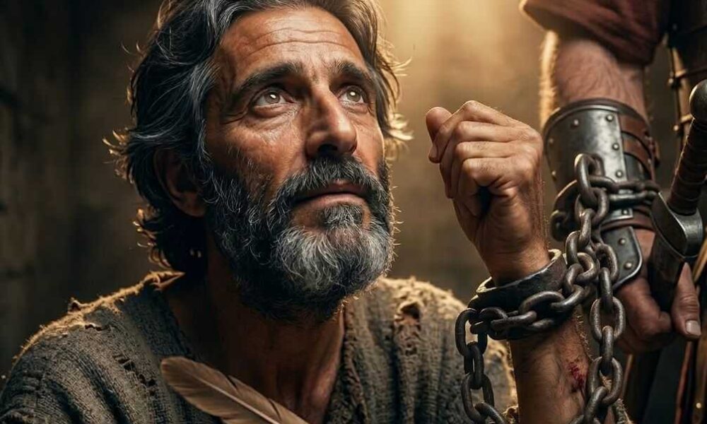 Modern spiritual photograph of Apostle Paul, with ancient features and a gray-flecked beard, chained to a Roman soldier in a dark dungeon, holding a quill and looking upward into a heavenly beam of light.Featured Image Description:
Modern cinematic spiritual photograph based on image_14.png, depicting the Apostle Paul in his Roman dungeon cell. The composition is an intimate, extreme close-up focused on Paul's face and his left wrist, which is securely shackled and chained directly to the detailed leather-and-metal gauntlet of a Roman guard standing beside him. Paul, with the same ancient features and gray-flecked beard as in image_14.png, is seated and looking upward with a serene, resolute expression of hope and joy. His gaze is fixed towards a powerful, soft beam of golden divine light from a high, barred window, which illuminates his face and contrasts against the deep, moody shadows of the cold stone walls. The skin of his chained wrist shows small marks. In his right hand, Paul holds a quill over a parchment, mid-writing. The soldier's form is mostly in shadow, emphasizing Paul and the divine light.Featured Image Title:
paul-chained-wrist-roman-guard-2026.jpg
