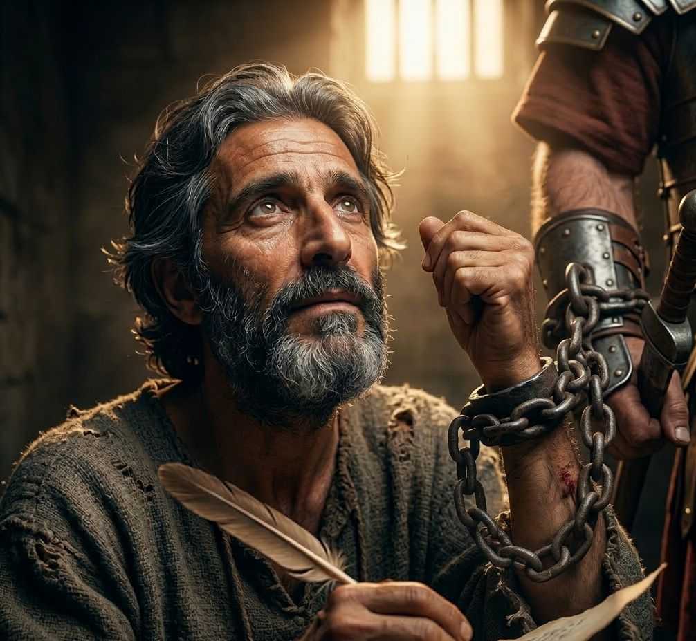 Modern spiritual photograph of Apostle Paul, with ancient features and a gray-flecked beard, chained to a Roman soldier in a dark dungeon, holding a quill and looking upward into a heavenly beam of light.Featured Image Description:
Modern cinematic spiritual photograph based on image_14.png, depicting the Apostle Paul in his Roman dungeon cell. The composition is an intimate, extreme close-up focused on Paul's face and his left wrist, which is securely shackled and chained directly to the detailed leather-and-metal gauntlet of a Roman guard standing beside him. Paul, with the same ancient features and gray-flecked beard as in image_14.png, is seated and looking upward with a serene, resolute expression of hope and joy. His gaze is fixed towards a powerful, soft beam of golden divine light from a high, barred window, which illuminates his face and contrasts against the deep, moody shadows of the cold stone walls. The skin of his chained wrist shows small marks. In his right hand, Paul holds a quill over a parchment, mid-writing. The soldier's form is mostly in shadow, emphasizing Paul and the divine light.Featured Image Title:
paul-chained-wrist-roman-guard-2026.jpg