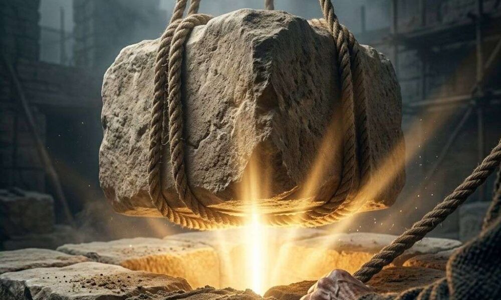 A single, ancient stone cornerstone being lowered into place by a rope, with a brilliant divine light shining from beneath the rock.Featured Image Description:
Modern spiritual photography in 1:1 dimension. The focus is an extreme close-up of a massive, hand-hewn limestone cornerstone. A thick, weathered rope is wrapped around the stone as it is lowered onto a bed of ancient mortar. From the gap where the stone is about to settle, a piercing, warm golden light erupts, signifying the divine presence in the foundation. The background is blurred, showing a dark, dusty construction site of the old bible days. High contrast and deep shadows emphasize the "Administrative Humanism" of the work being done. No people are visible, only the symbolic act of building.Featured Image Title:
except-the-lord-build-the-house-psalm-127.jpg
