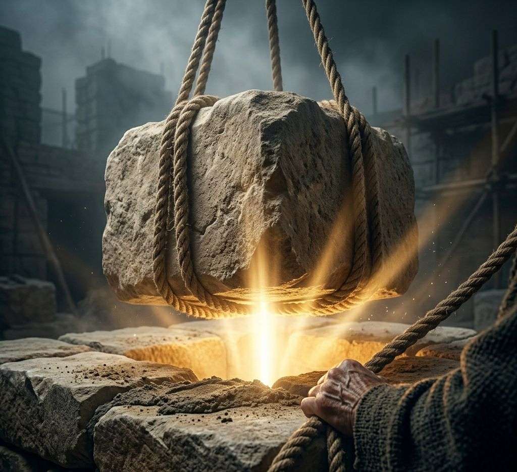 A single, ancient stone cornerstone being lowered into place by a rope, with a brilliant divine light shining from beneath the rock.Featured Image Description:
Modern spiritual photography in 1:1 dimension. The focus is an extreme close-up of a massive, hand-hewn limestone cornerstone. A thick, weathered rope is wrapped around the stone as it is lowered onto a bed of ancient mortar. From the gap where the stone is about to settle, a piercing, warm golden light erupts, signifying the divine presence in the foundation. The background is blurred, showing a dark, dusty construction site of the old bible days. High contrast and deep shadows emphasize the "Administrative Humanism" of the work being done. No people are visible, only the symbolic act of building.Featured Image Title:
except-the-lord-build-the-house-psalm-127.jpg