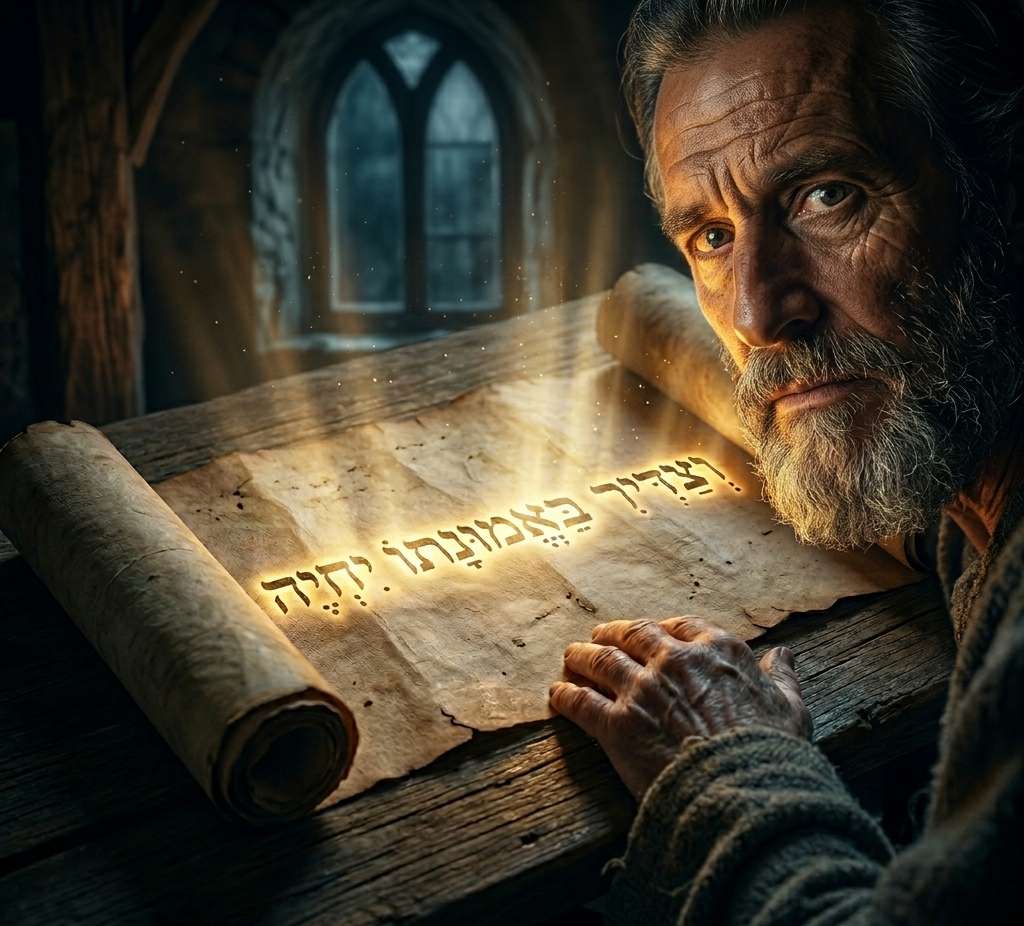 Extreme close-up of an elderly man with ancient features looking at a glowing Hebrew scroll on a wooden table in a dimly lit room
Featured Image Description:
Cinematic spiritual photography focusing on an ancient parchment scroll unrolling across a rough wooden table in a shadowed room. The text on the scroll emits a radiant, warm golden glow that pushes back the encroaching cool-toned darkness of the room. Dust motes dance in the beams of light emanating from the words, representing "the evidence of things not seen." The background is blurred, keeping the focus strictly on the illuminated text and the texture of the paper. The image conveys the concept that the Word of God brings clarity and substance to a dark world. Vertical orientation optimized for mobile display.