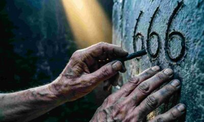 Extreme close-up of an ancient, weathered hand trembling as it holds a charcoal stylus over a stone tablet, with deep shadows and a single beam of light hitting the etched numbers.Featured Image Description:
Modern cinematic spiritual photograph in a 1:1 dimension. The scene is a dark, cold stone cell where a single beam of sharp, golden light cuts through the gloom. The focus is an extreme close-up of a pair of aged, trembling hands. One hand gripped a charcoal piece, having just finished etching "666" into a rough rock surface. The skin is detailed with deep wrinkles and dust, showing the "Humanism" of a man in deep distress or warning. The background is a void of moody shadows, emphasizing the weight of the prophetic warning. High contrast, photorealistic, and heavy with a sense of cinematic fatalism.