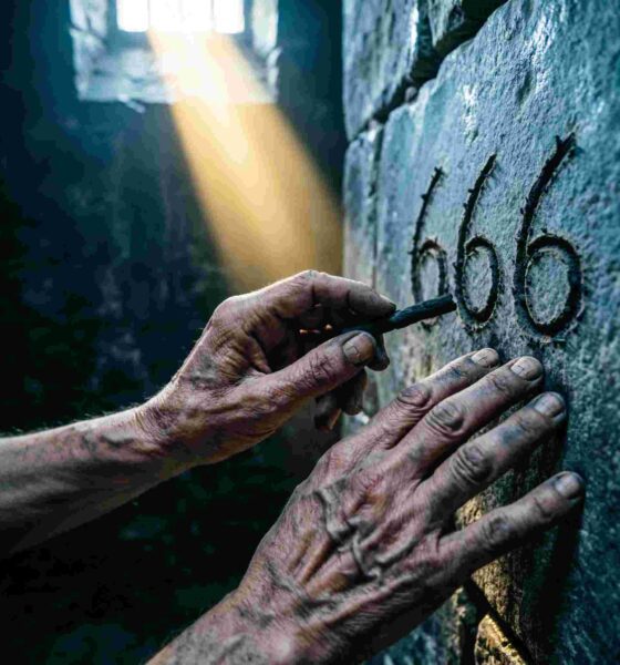 Extreme close-up of an ancient, weathered hand trembling as it holds a charcoal stylus over a stone tablet, with deep shadows and a single beam of light hitting the etched numbers.Featured Image Description:
Modern cinematic spiritual photograph in a 1:1 dimension. The scene is a dark, cold stone cell where a single beam of sharp, golden light cuts through the gloom. The focus is an extreme close-up of a pair of aged, trembling hands. One hand gripped a charcoal piece, having just finished etching "666" into a rough rock surface. The skin is detailed with deep wrinkles and dust, showing the "Humanism" of a man in deep distress or warning. The background is a void of moody shadows, emphasizing the weight of the prophetic warning. High contrast, photorealistic, and heavy with a sense of cinematic fatalism.