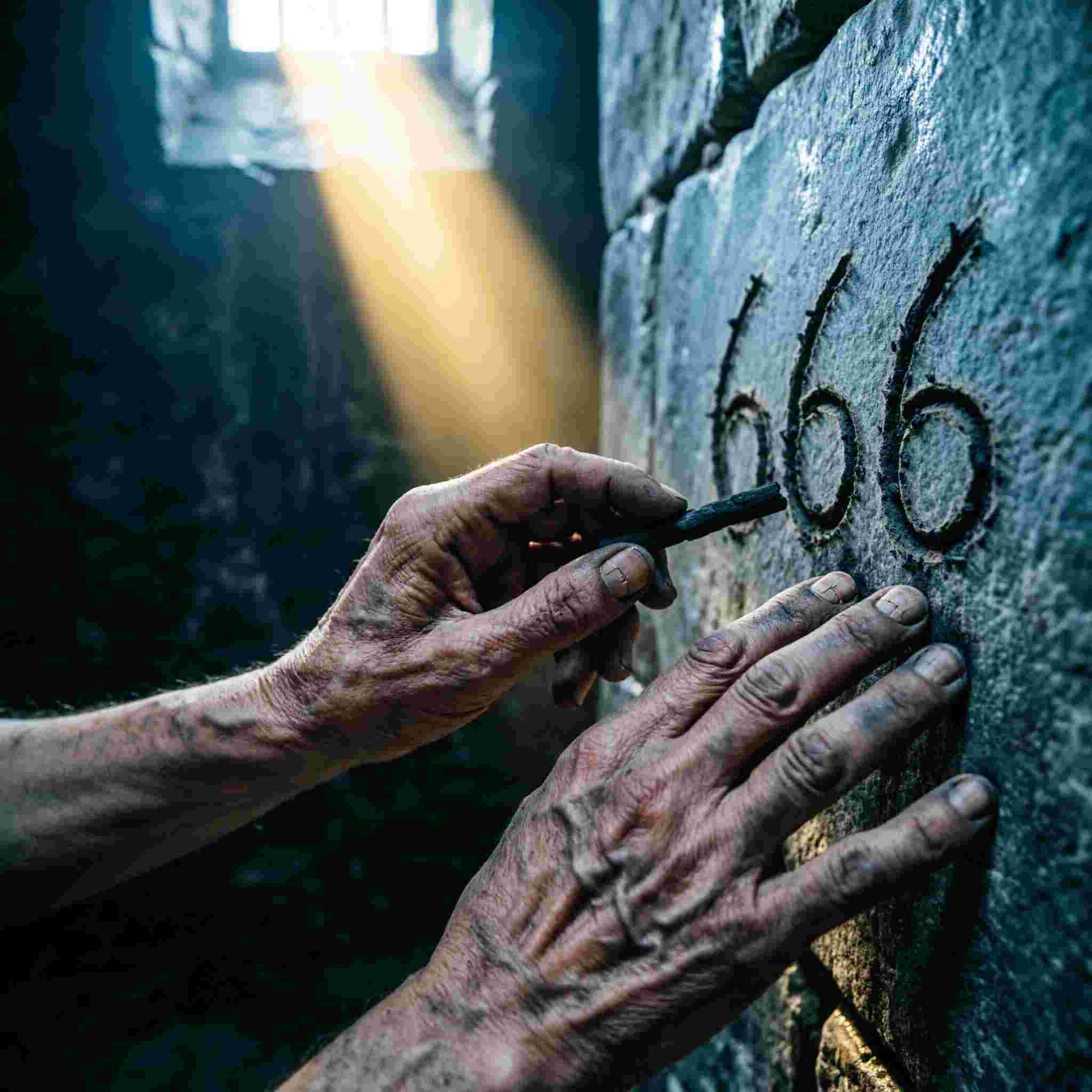 Extreme close-up of an ancient, weathered hand trembling as it holds a charcoal stylus over a stone tablet, with deep shadows and a single beam of light hitting the etched numbers.Featured Image Description:
Modern cinematic spiritual photograph in a 1:1 dimension. The scene is a dark, cold stone cell where a single beam of sharp, golden light cuts through the gloom. The focus is an extreme close-up of a pair of aged, trembling hands. One hand gripped a charcoal piece, having just finished etching "666" into a rough rock surface. The skin is detailed with deep wrinkles and dust, showing the "Humanism" of a man in deep distress or warning. The background is a void of moody shadows, emphasizing the weight of the prophetic warning. High contrast, photorealistic, and heavy with a sense of cinematic fatalism.