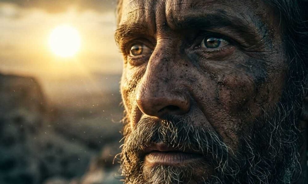 Extreme close-up of an ancient commander's face, his eyes reflecting a stationary, brilliant sun over a rocky valley.Featured Image Description: Modern cinematic spiritual photography in 1:1 dimension. The focus is an extreme close-up of Joshua’s face. His features are weathered and covered in the dust of battle, with a gray-flecked beard. His eyes are wide and fixed on the horizon, reflecting a brilliant, unmoving golden sun. The lighting is high-contrast, with the golden rays of the "frozen" sun illuminating one side of his face while deep, moody shadows define the other. The background is a blurred, rocky Judean valley under a sky that remains bright mid-day. High cinematic fatalism and historical realism. No crowds.Featured Image Title: joshua-commands-the-sun-2026.jpg