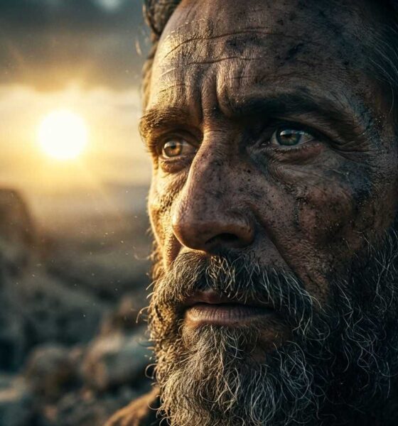 Extreme close-up of an ancient commander's face, his eyes reflecting a stationary, brilliant sun over a rocky valley.Featured Image Description: Modern cinematic spiritual photography in 1:1 dimension. The focus is an extreme close-up of Joshua’s face. His features are weathered and covered in the dust of battle, with a gray-flecked beard. His eyes are wide and fixed on the horizon, reflecting a brilliant, unmoving golden sun. The lighting is high-contrast, with the golden rays of the "frozen" sun illuminating one side of his face while deep, moody shadows define the other. The background is a blurred, rocky Judean valley under a sky that remains bright mid-day. High cinematic fatalism and historical realism. No crowds.Featured Image Title: joshua-commands-the-sun-2026.jpg
