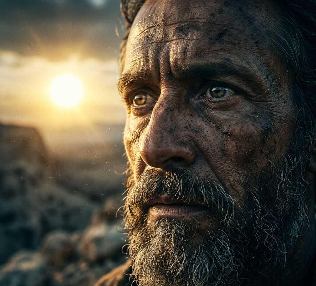 Extreme close-up of an ancient commander's face, his eyes reflecting a stationary, brilliant sun over a rocky valley.Featured Image Description: Modern cinematic spiritual photography in 1:1 dimension. The focus is an extreme close-up of Joshua’s face. His features are weathered and covered in the dust of battle, with a gray-flecked beard. His eyes are wide and fixed on the horizon, reflecting a brilliant, unmoving golden sun. The lighting is high-contrast, with the golden rays of the "frozen" sun illuminating one side of his face while deep, moody shadows define the other. The background is a blurred, rocky Judean valley under a sky that remains bright mid-day. High cinematic fatalism and historical realism. No crowds.Featured Image Title: joshua-commands-the-sun-2026.jpg
