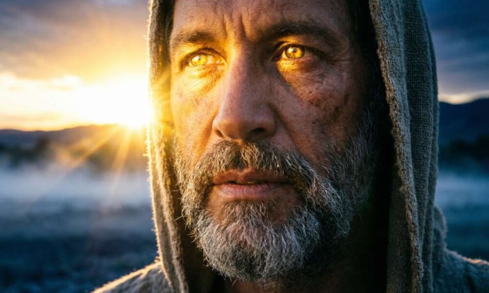 An elderly man with ancient Middle Eastern features looking toward a brilliant sunrise that pierces through thick morning mist and shadowsFeatured Image Description:
Modern cinematic spiritual photograph of a man with weathered, ancient Middle Eastern features. The composition is an extreme close-up, focusing on his eyes which are reflecting a massive, brilliant golden light. He is positioned in a landscape of deep, cool-toned shadows and morning mist, representing the "land of the shadow of death." A powerful, warm sun breaks over the horizon in the background, sending rays of light that illuminate the side of his face and his grey beard. The contrast between the disappearing night and the "Gadowl" (mighty) light of the new day is sharp. The image is tight and vertically oriented, optimized for mobile viewing, capturing a moment of profound spiritual relief and the shattering of darkness.