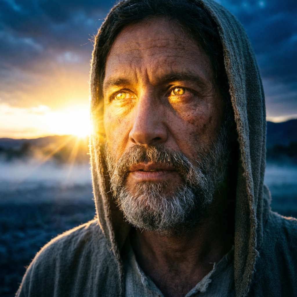 An elderly man with ancient Middle Eastern features looking toward a brilliant sunrise that pierces through thick morning mist and shadowsFeatured Image Description:
Modern cinematic spiritual photograph of a man with weathered, ancient Middle Eastern features. The composition is an extreme close-up, focusing on his eyes which are reflecting a massive, brilliant golden light. He is positioned in a landscape of deep, cool-toned shadows and morning mist, representing the "land of the shadow of death." A powerful, warm sun breaks over the horizon in the background, sending rays of light that illuminate the side of his face and his grey beard. The contrast between the disappearing night and the "Gadowl" (mighty) light of the new day is sharp. The image is tight and vertically oriented, optimized for mobile viewing, capturing a moment of profound spiritual relief and the shattering of darkness.