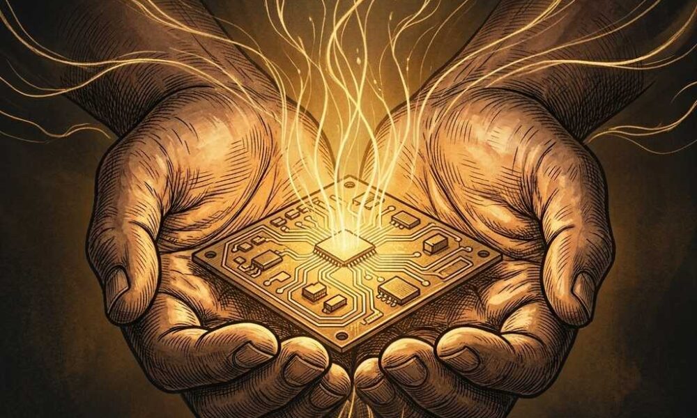 Cupped hands holding a glowing circuit board with light rising from it.Featured Image Description: A close-up 1:1 hand-drawn image of two open hands cupped together against a dark background. Resting in the palms is a simple circuit board glowing with warm golden light. Thin streams of light rise from the board into the darkness above. The image bleeds to all edges with no borders or frames. No text appears on the image. The style is simple and reverent, suitable for a Christian devotional publication.Featured Image Title: The Builder Called Upon the Lord