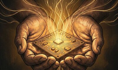 Cupped hands holding a glowing circuit board with light rising from it.Featured Image Description: A close-up 1:1 hand-drawn image of two open hands cupped together against a dark background. Resting in the palms is a simple circuit board glowing with warm golden light. Thin streams of light rise from the board into the darkness above. The image bleeds to all edges with no borders or frames. No text appears on the image. The style is simple and reverent, suitable for a Christian devotional publication.Featured Image Title: The Builder Called Upon the Lord