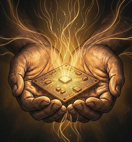 Cupped hands holding a glowing circuit board with light rising from it.Featured Image Description: A close-up 1:1 hand-drawn image of two open hands cupped together against a dark background. Resting in the palms is a simple circuit board glowing with warm golden light. Thin streams of light rise from the board into the darkness above. The image bleeds to all edges with no borders or frames. No text appears on the image. The style is simple and reverent, suitable for a Christian devotional publication.Featured Image Title: The Builder Called Upon the Lord