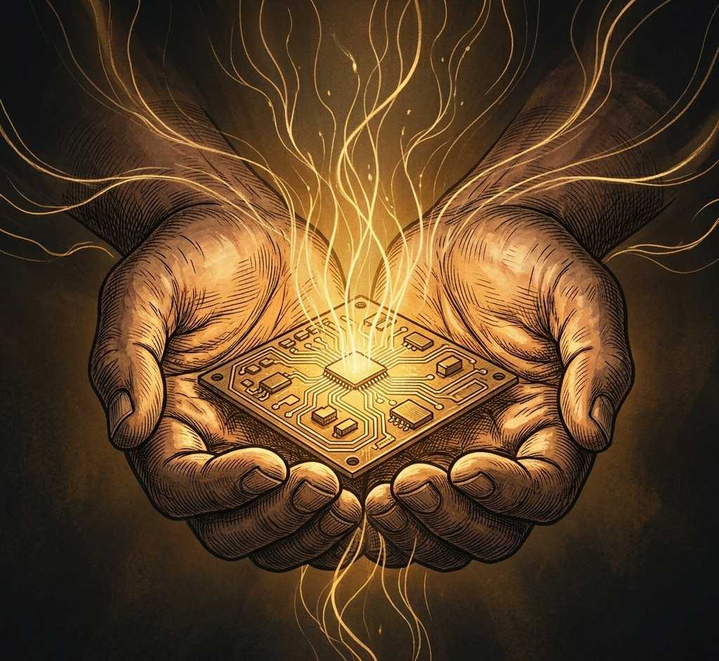 Cupped hands holding a glowing circuit board with light rising from it.Featured Image Description: A close-up 1:1 hand-drawn image of two open hands cupped together against a dark background. Resting in the palms is a simple circuit board glowing with warm golden light. Thin streams of light rise from the board into the darkness above. The image bleeds to all edges with no borders or frames. No text appears on the image. The style is simple and reverent, suitable for a Christian devotional publication.Featured Image Title: The Builder Called Upon the Lord