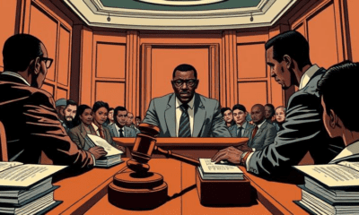 Illustration showing a courtroom scene with a lawyer defending a man against defamation charges, reflecting the controversy surrounding Dele Farotimi’s arrest.