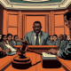 Illustration showing a courtroom scene with a lawyer defending a man against defamation charges, reflecting the controversy surrounding Dele Farotimi’s arrest.