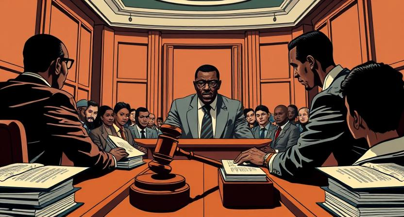 Illustration showing a courtroom scene with a lawyer defending a man against defamation charges, reflecting the controversy surrounding Dele Farotimi’s arrest.