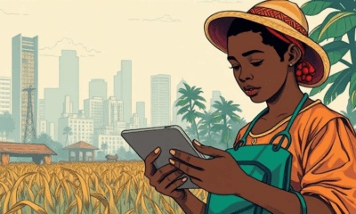 A stylized illustration of a Nigerian student learning on a tablet while a farmer checks market prices on a mobile phone, symbolizing digital transformation.