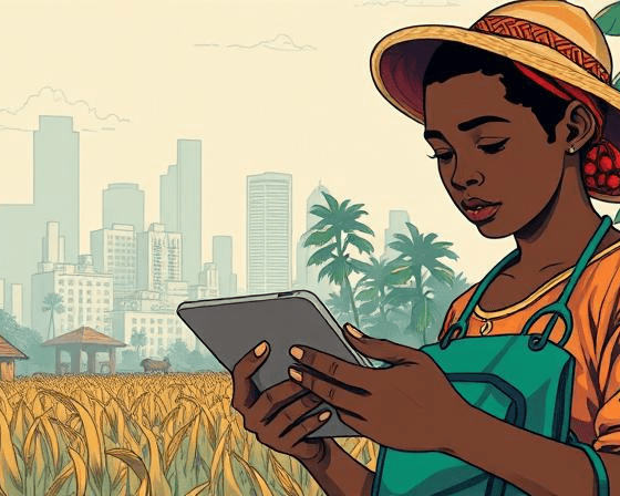 A stylized illustration of a Nigerian student learning on a tablet while a farmer checks market prices on a mobile phone, symbolizing digital transformation.