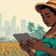 A stylized illustration of a Nigerian student learning on a tablet while a farmer checks market prices on a mobile phone, symbolizing digital transformation.