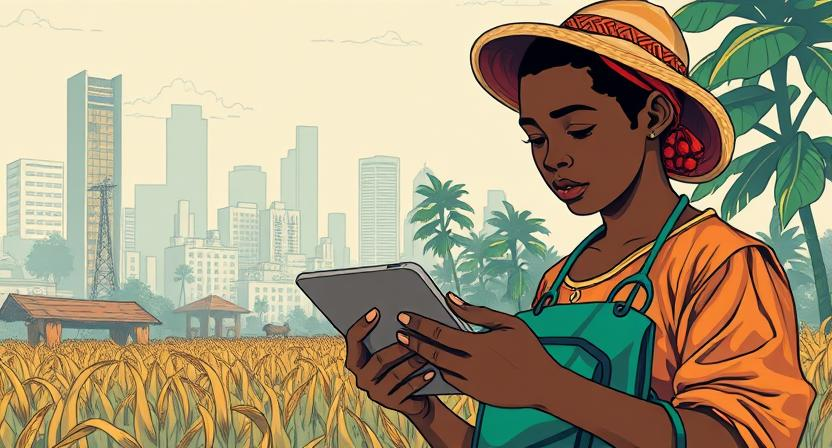 A stylized illustration of a Nigerian student learning on a tablet while a farmer checks market prices on a mobile phone, symbolizing digital transformation.