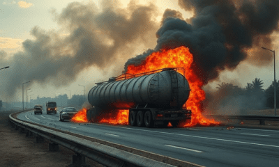 Image of the Enugu tanker explosion aftermath with focus on road safety and fire. This image is AI generated.