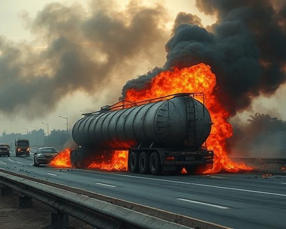 Image of the Enugu tanker explosion aftermath with focus on road safety and fire. This image is AI generated.