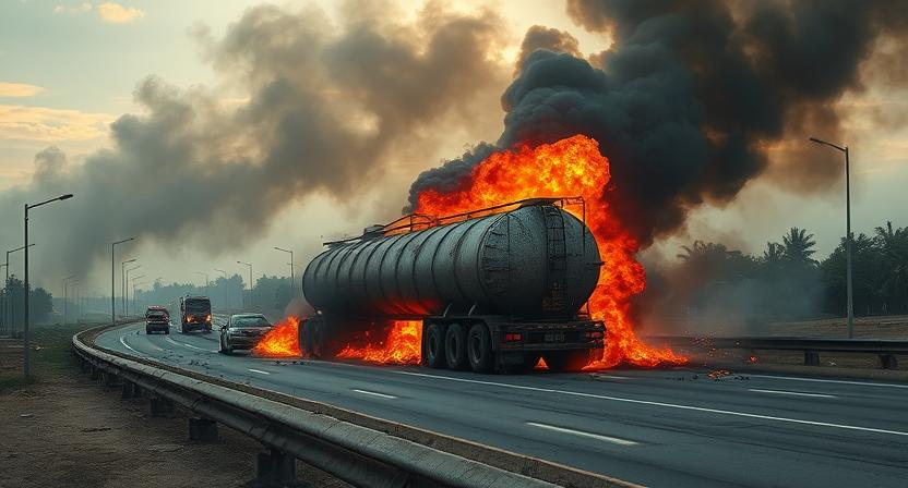 Image of the Enugu tanker explosion aftermath with focus on road safety and fire. This image is AI generated.