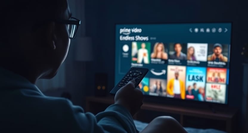 Image showing a person with a remote control, seemingly lost in a world of endless Amazon Prime Instant Video choices. This image was digitally created.