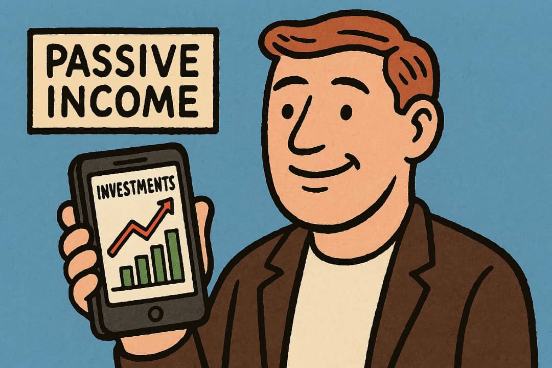 Man holding phone and smiling while checking investments at home.Featured Image Description:
This image shows a man using his phone to check investments. It shows how people can grow money without going to work all day.Featured Image Title:
Man managing investments at home